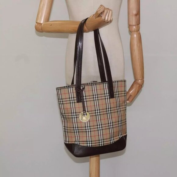 BURBERRY Nova Check Tote Bag Canvas Leather Beige Brown gold Auth 115568 - Picture 1 of 16